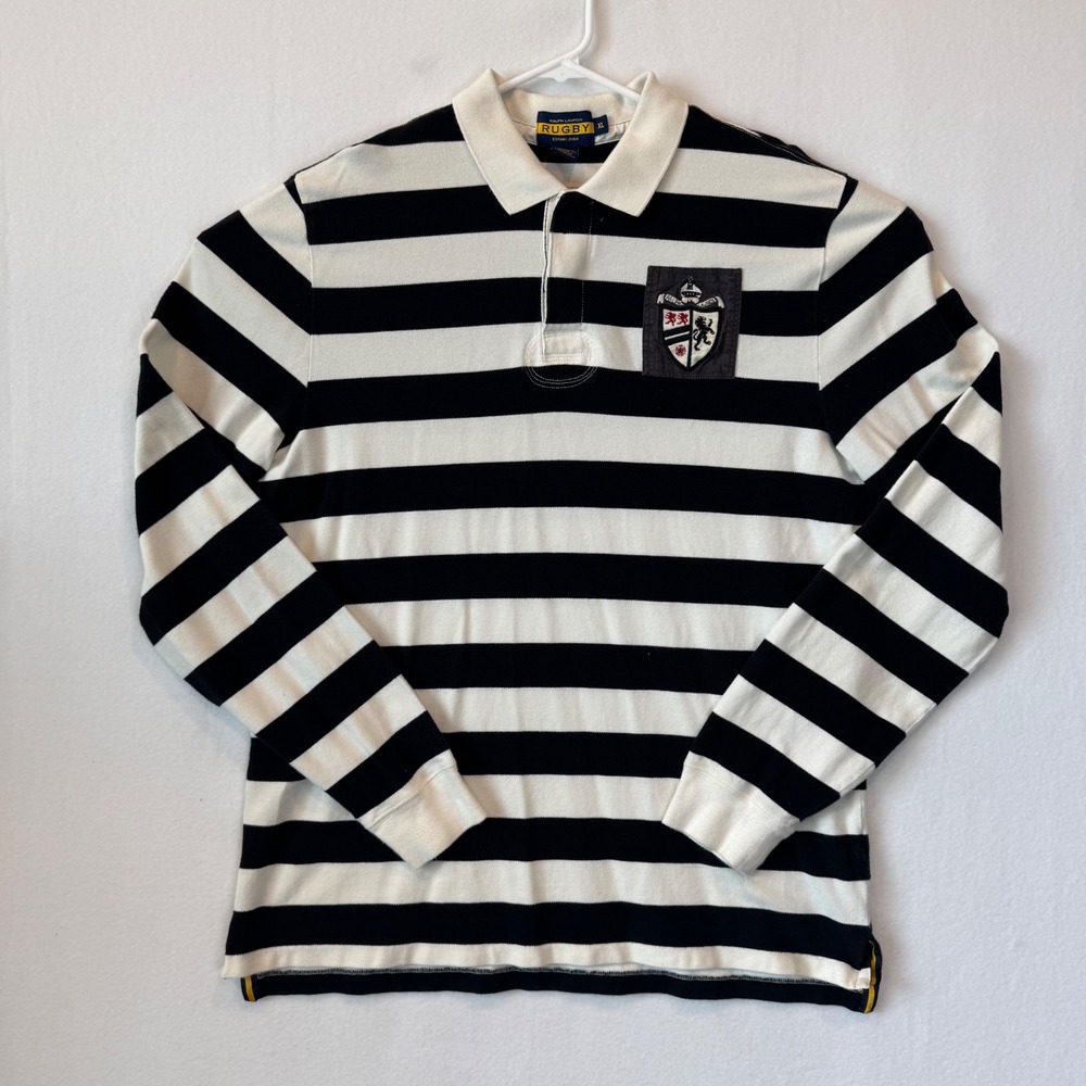 Ralph Lauren Rugby Mens XL Long Sleeve Polo Shirt Black White Striped Crest Logo
